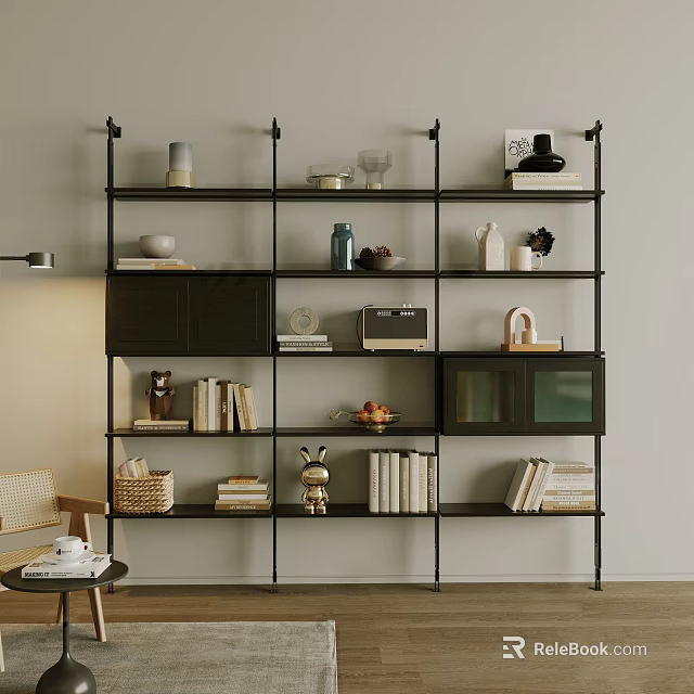 Modern Multi Tiered Shelving Unit With Books Decor Vases And Baskets 3d model