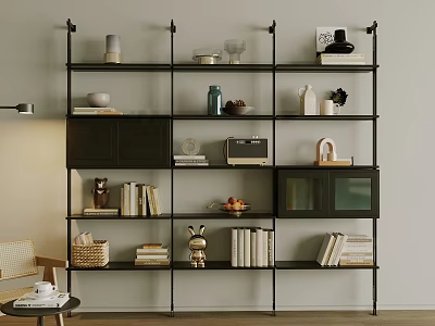 Modern Multi Tiered Shelving Unit With Books Decor Vases And Baskets 3d model