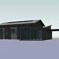 Modern Two Story Building With Stone Wood Facade Sloped Roof And Large Glass Windows