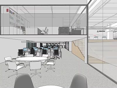 Public Office Space Interior Design Open Layout Two Floor Glass Partitions Workstations And Round Tables 3d model