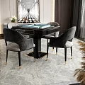 Modern Luxury Entertainment Table with Black Gold Accents Four Chairs Marble Floor and Window