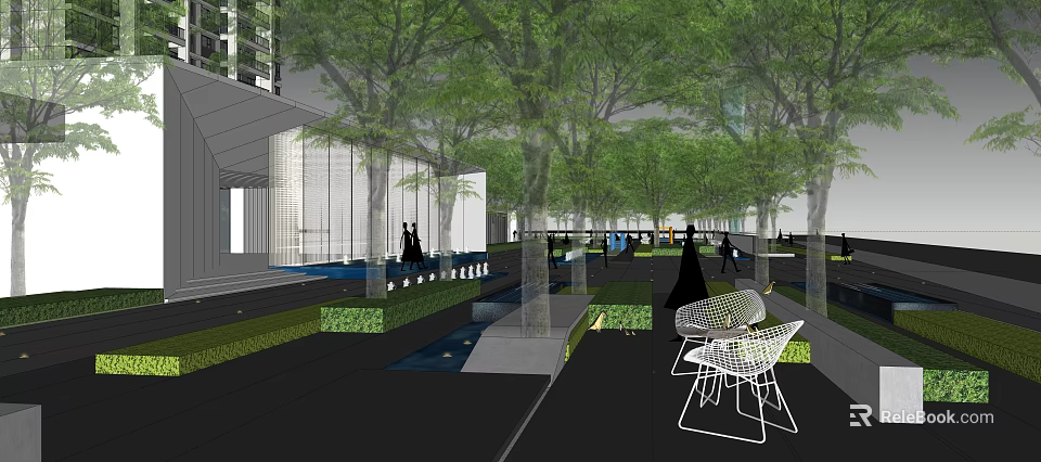 Urban Garden Landscape Design With Tall Trees Water Features And Modern Seating Areas 3d model 