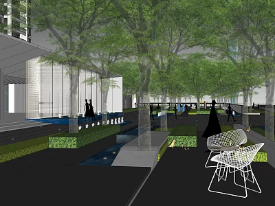 Urban Garden Landscape Design With Tall Trees Water Features And Modern Seating Areas 3d model