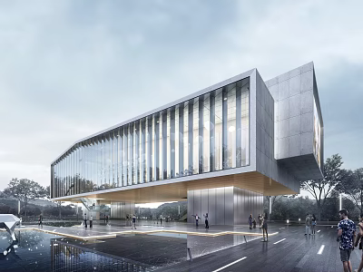 Modern Sales Office Building With Glass Curtain Wall Sleek Lines Water Pool And Pedestrians Exterior 3d model