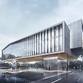 Modern Sales Office Building With Glass Curtain Wall Sleek Lines Water Pool And Pedestrians Exterior