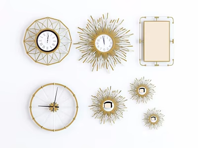 Stylish Modern Gold Wall Decor with Sunburst Clocks and Geometric Mirrors 3d model