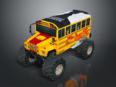 Yellow Monster School Bus With Large Tires Flame Decals And Black White Top 3d model