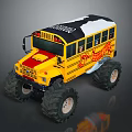 Yellow Monster School Bus With Large Tires Flame Decals And Black White Top