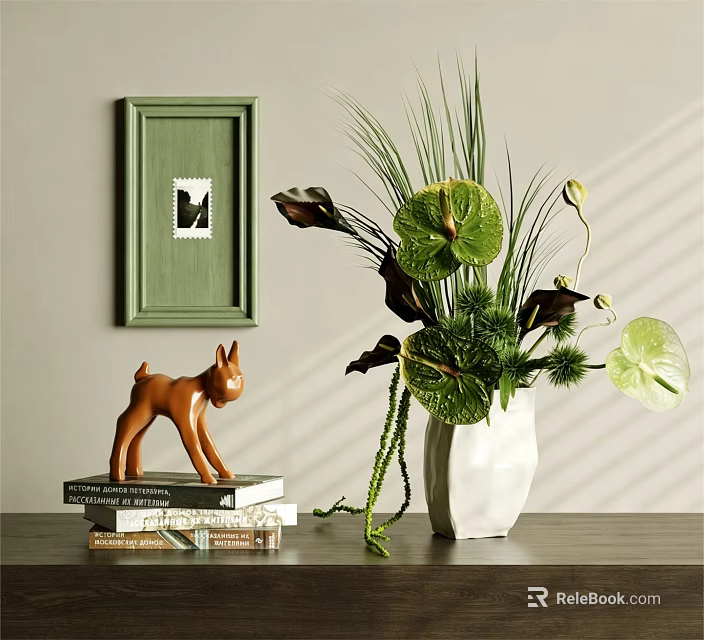 Decorative Tabletop Ornament Arrangement With Green Frame Deer Figurine Books White Vase And Lush Plants 3d model 