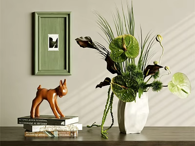 Decorative Tabletop Ornament Arrangement With Green Frame Deer Figurine Books White Vase And Lush Plants 3d model