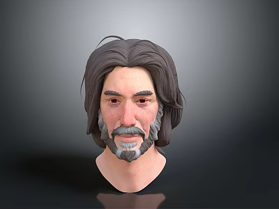 Man with Long Hair and Beard 3D Head Model on Gray Background 3d model