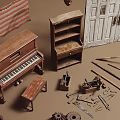 Vintage Antique Items Collection with Wooden Doors Piano Wheels Tools American Flag and Deer Skulls