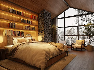 Cozy Hotel Guest Room with Wooden Ceiling Bookshelves Stone Wall and Large Windows Overlooking Trees 3d model