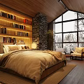 Cozy Hotel Guest Room with Wooden Ceiling Bookshelves Stone Wall and Large Windows Overlooking Trees
