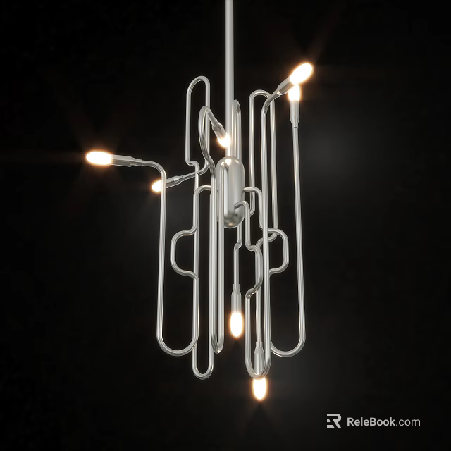 Elegant Modern Chandelier With Curved Metal Tubes And Illuminated Light Bulbs 3d model 