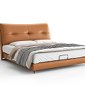 Modern Double Bed With Black Leather Headboard And Comfortable Striped Bedspread 3d model