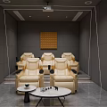 Modern Home Theater Room Interior With Large Screen And Beige Recliner Chairs