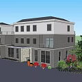 Modern Single Family House Exterior With Gray Facade Large Windows And Red Flowers