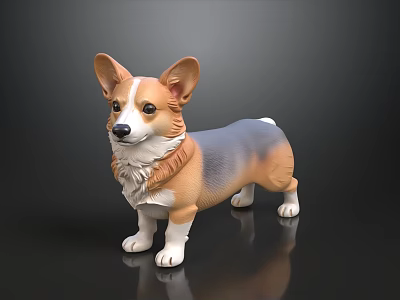 Corgi With Large Ears Short Legs Gray White Brown Coat Standing On Black Reflective Surface 3d model