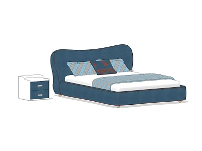 Blue Upholstered Kids Bed With Curved Headboard And White Bedside Table 3d model