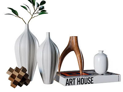 Modern Decorative Ornaments Set with Ribbed White Vases Wooden Cube and Art House Book 3d model