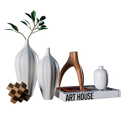 Modern Decorative Ornaments Set with Ribbed White Vases Wooden Cube and Art House Book 3d model