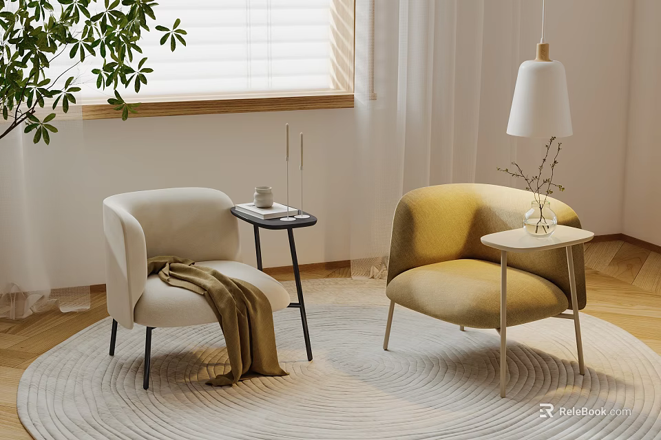 Casual Sofa Set With Beige Yellow Chairs Side Tables Blanket And Vase In Cozy Room 3d model 