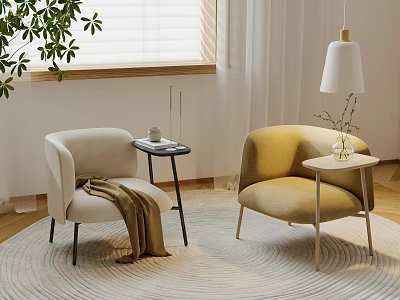 Casual Sofa Set With Beige Yellow Chairs Side Tables Blanket And Vase In Cozy Room 3d model