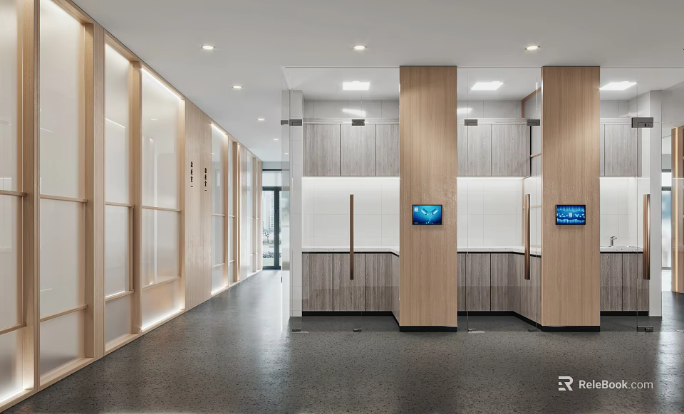 Modern Hospital Outpatient Clinic Interior With Wooden Panels White Walls And Screens 3d model 
