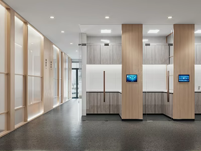 Modern Hospital Outpatient Clinic Interior With Wooden Panels White Walls And Screens 3d model