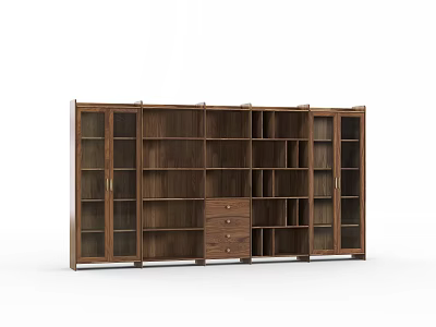 Walnut Wood Bookcase With Glass Doors Multiple Shelves And Drawer 3d model