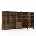 Walnut Wood Bookcase With Glass Doors Multiple Shelves And Drawer