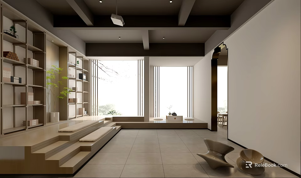 Modern Interior Design With Wooden Elements Large Windows Stepped Seating Bookshelves Plants And Decorative Sculptures 3d model 