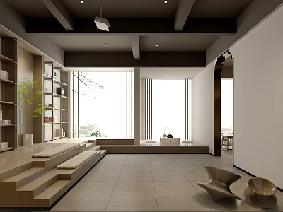 Modern Interior Design With Wooden Elements Large Windows Stepped Seating Bookshelves Plants And Decorative Sculptures 3d model