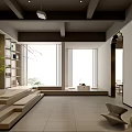 Modern Interior Design With Wooden Elements Large Windows Stepped Seating Bookshelves Plants And Decorative Sculptures