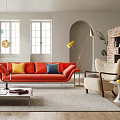 Stylish Modern Living Room With Orange Sofa Coffee Table Yellow Blue Cushions And Beige Armchair
