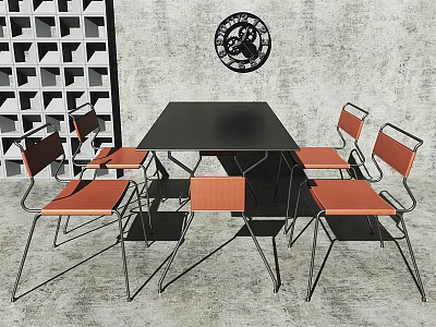 Modern Square Dining Table With Orange Seats Metal Legs Chairs And Gray Wall Decorative Clock 3d model