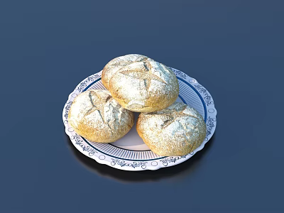 Three Golden Crust Bread Rolls Served On Blue And White Patterned Plate 3d model