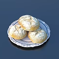 Three Golden Crust Bread Rolls Served On Blue And White Patterned Plate 3d model