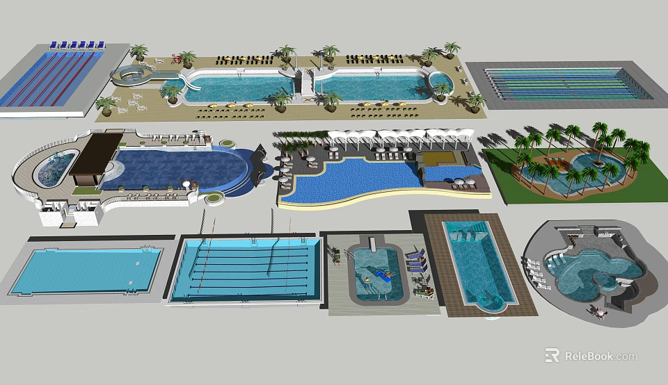 Swimming Pool Complex With Multiple Pools Leisure Areas And Landscaping Features 3d model 