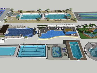 Swimming Pool Complex With Multiple Pools Leisure Areas And Landscaping Features 3d model