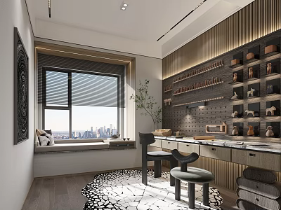 Modern Study Room Interior With Window Seat City View Desk Plant And Decorative Shelves 3d model
