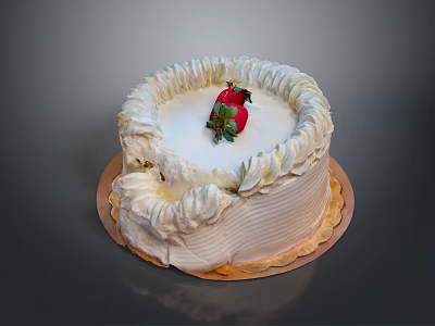 Delicious Round Cake With White Spiral Cream Topping Fresh Strawberry On Wooden Tray 3d model