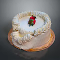 Delicious Round Cake With White Spiral Cream Topping Fresh Strawberry On Wooden Tray