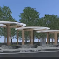 Outdoor Wooden Pergola with Circular Roof in Park Setting Surrounded by Trees and Stone Base