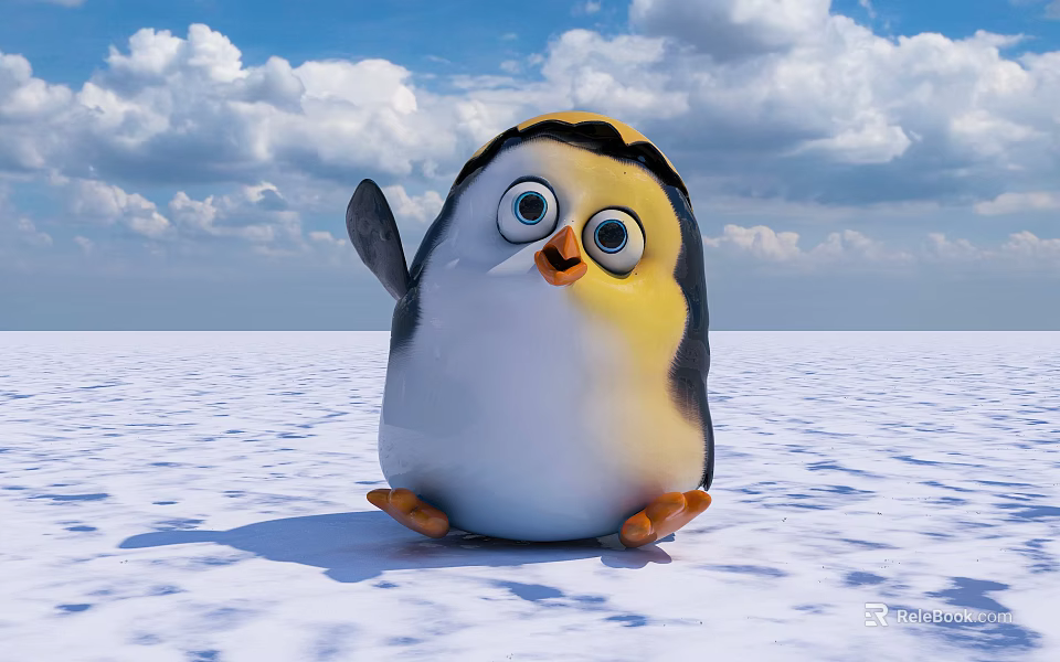 Cute Animated Penguin Character With Raised Wing On Snowy Landscape And Blue Sky 3d model 