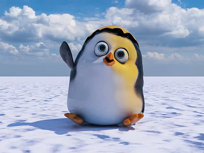 Cute Animated Penguin Character With Raised Wing On Snowy Landscape And Blue Sky 3d model