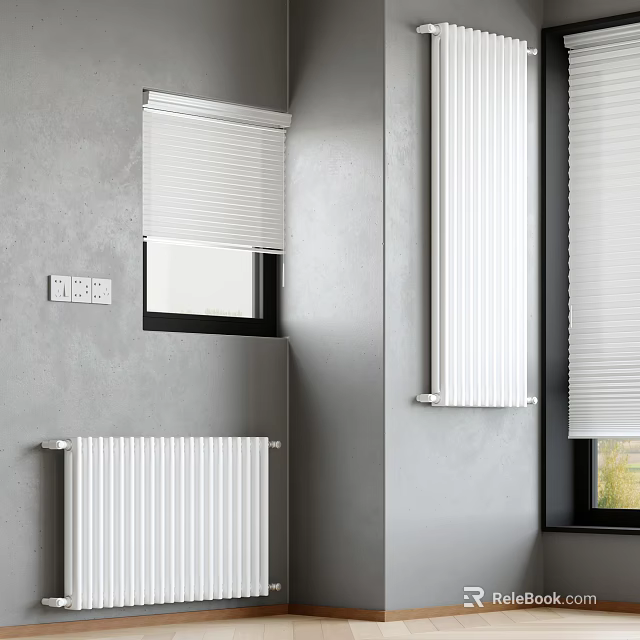 White Radiator In Modern Interior With Gray Wall Window And Roller Blinds 3d model