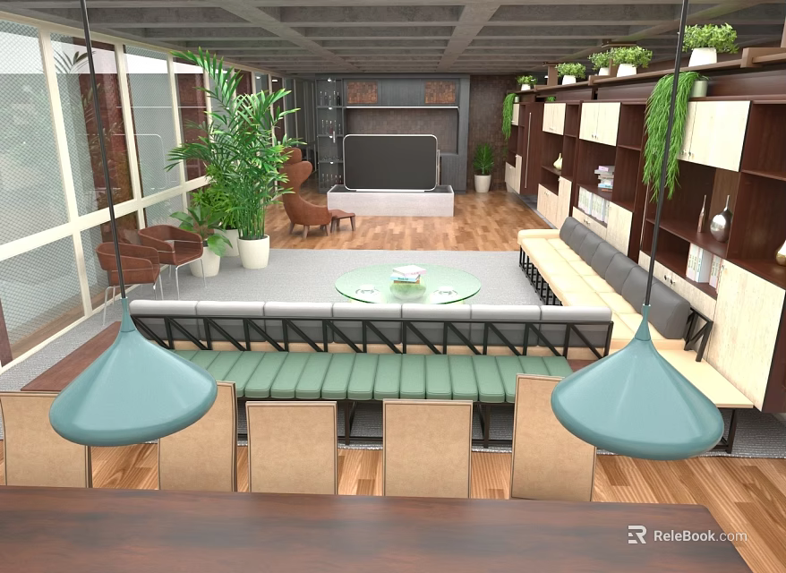 Modern Living Room Interior With Wooden Flooring Green Bench Round Coffee Table And Hanging Lights 3d model 