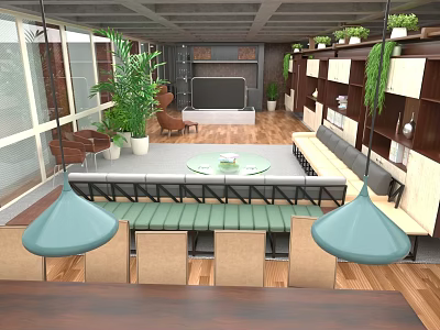Modern Living Room Interior With Wooden Flooring Green Bench Round Coffee Table And Hanging Lights 3d model